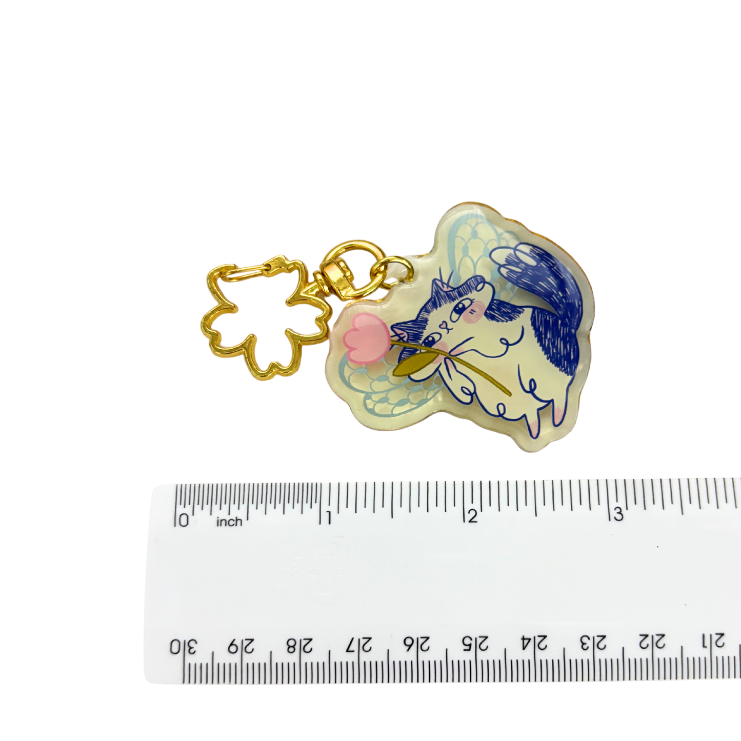 Butterfly Wings Kitty Key or Bag Charm | Semi-Transparent Illustrated Cat | Gold Clasp | 3"