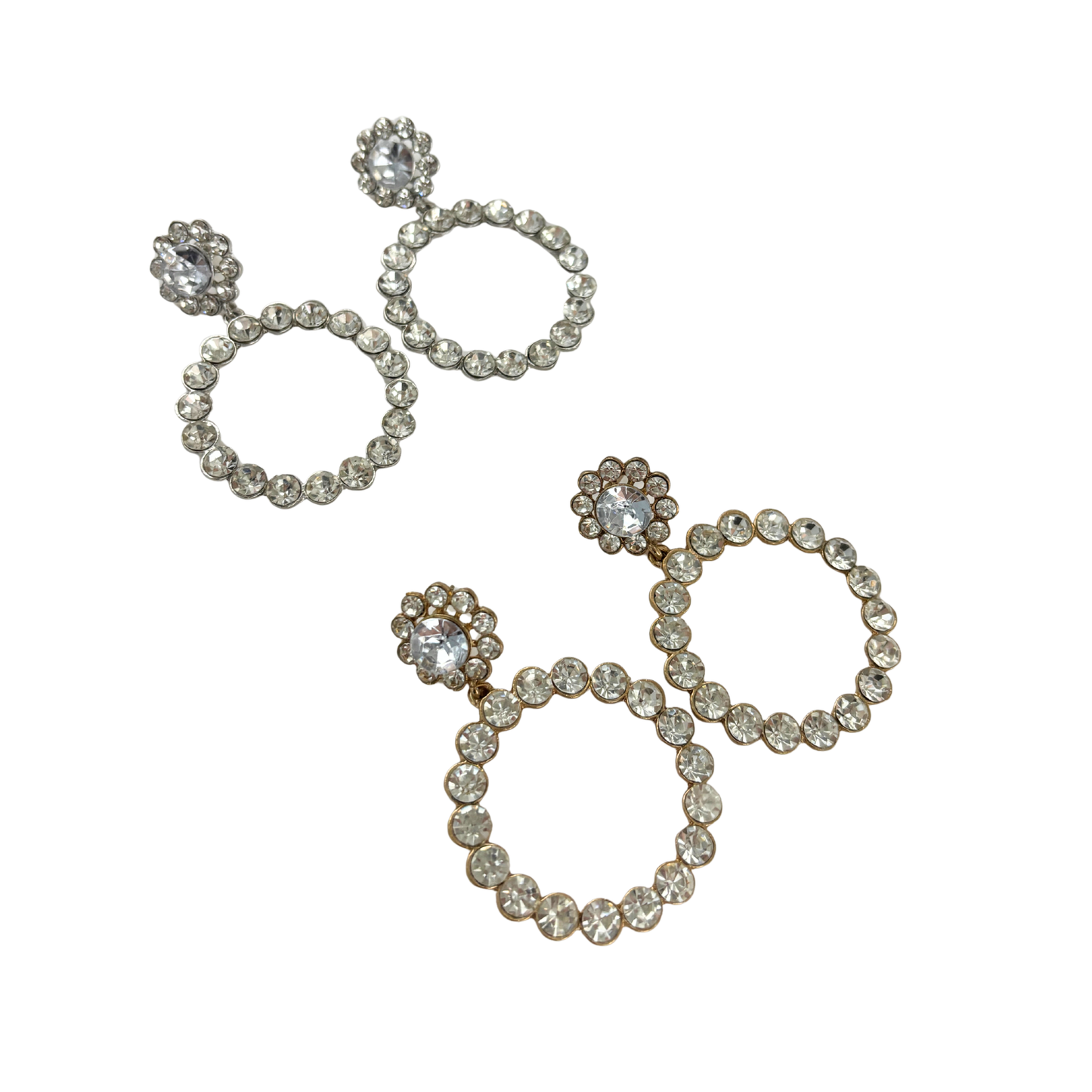 Glamour Forever Dangle Circle Earrings | Faux Diamond Flower & Circle | 2" Post | Gold or Silver