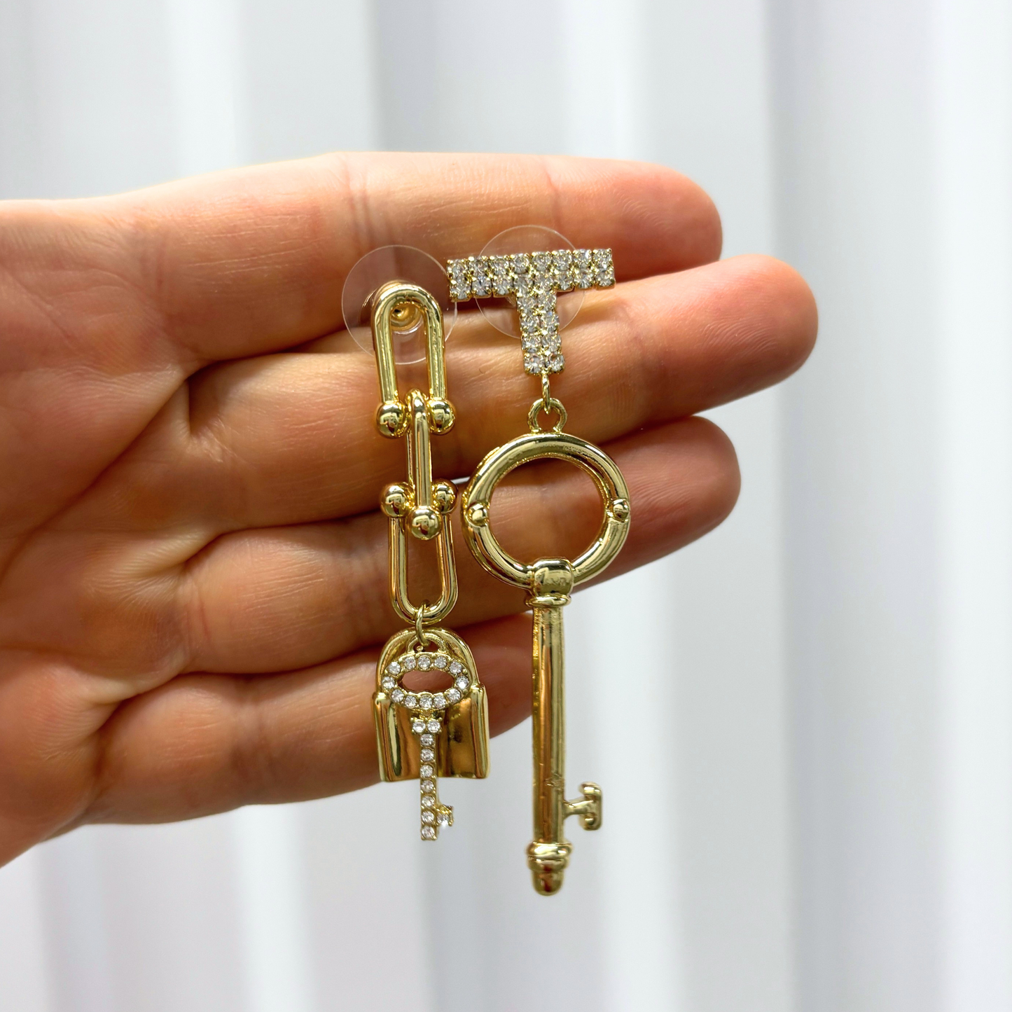 Romantic Key Asymmetrical Earrings in Gold | Mismatched Key & Lock Drop Earrings | 2–2.5" Post