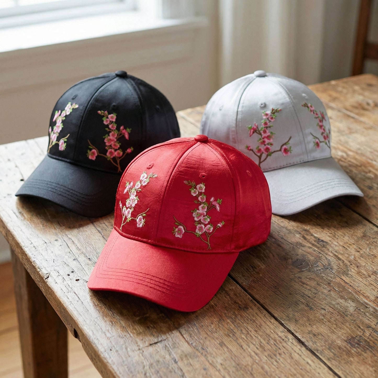 Chinese Blossom Embroidered Baseball Cap | Satin Polyester Adjustable Hat (Black, Grey, Red, White)