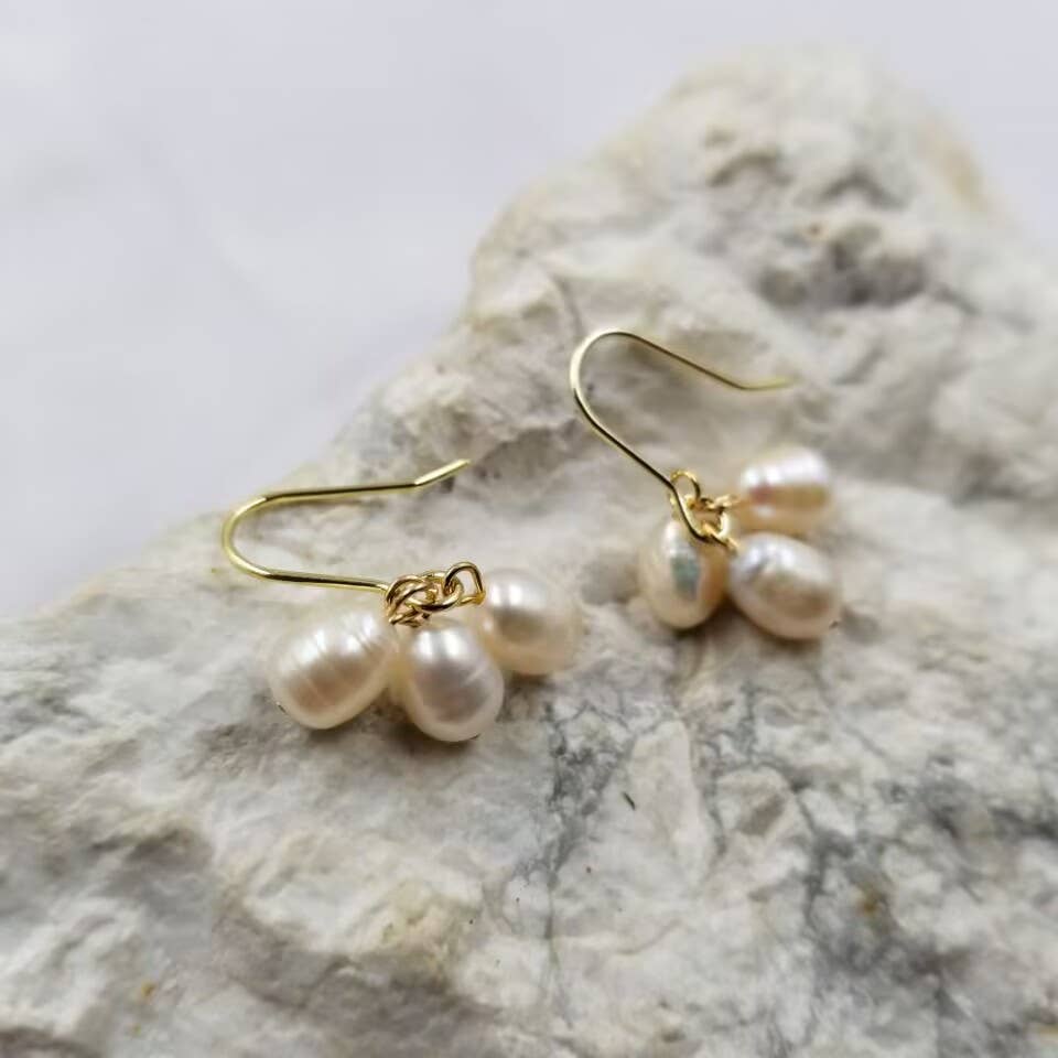 White Freshwater Pearl Cluster Earrings | Gold Plated