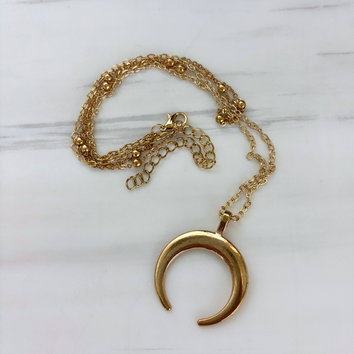 La Luna Double Layered Necklace in Gold | Beaded Chain + Crescent Moon | Two-Strand