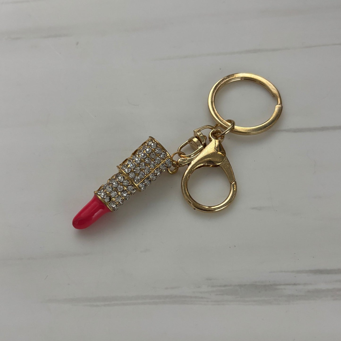 Bejeweled Lipstick Keychain & Bag Charm | Cute Pink & Gold Mini Charm