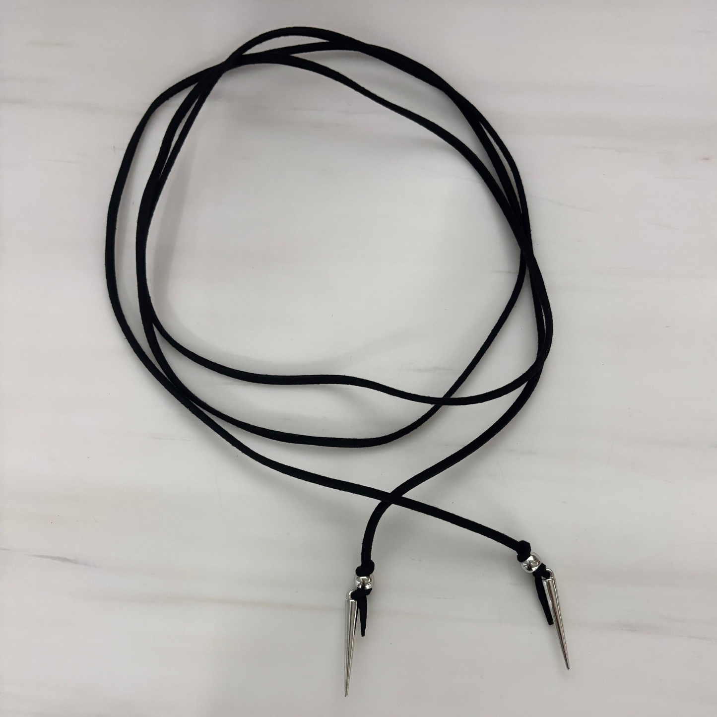 Stabby Cord Wrap Necklace | Black Faux Leather Multi-Wrap with Silver Spike Pendants | 56"
