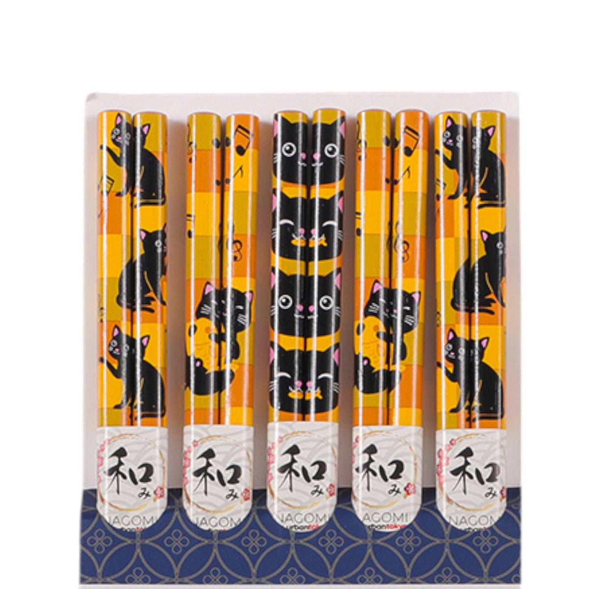 A set of five chopsticks in a holder with a blue patterned base. The chopsticks are yellow and black with a repeating cat illustration pattern, and have white paper bands at the bottom with Japanese characters.