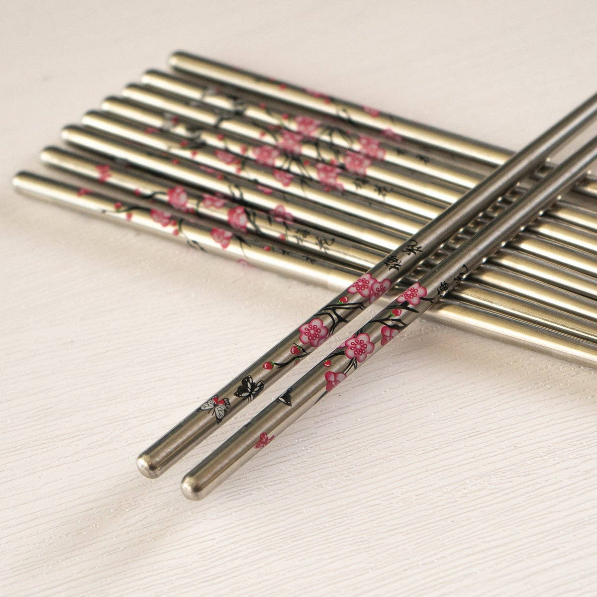 5-Piece Cherry Blossom Stainless Steel Chopsticks Set
