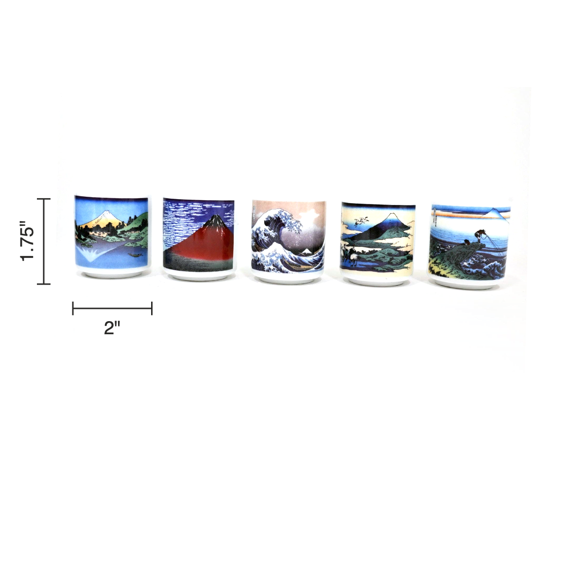 Size chart: sake cups 1.75 inches tall, 2 inches in diameter