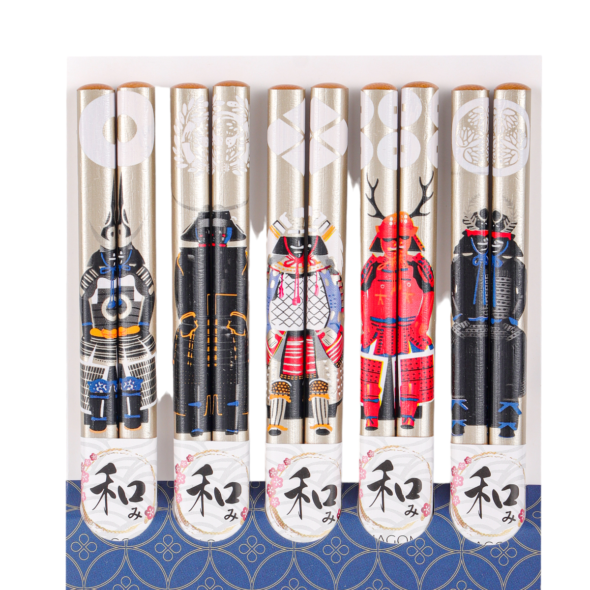 Set of five cartoon character chopsticks with traditional Japanese design on packaging