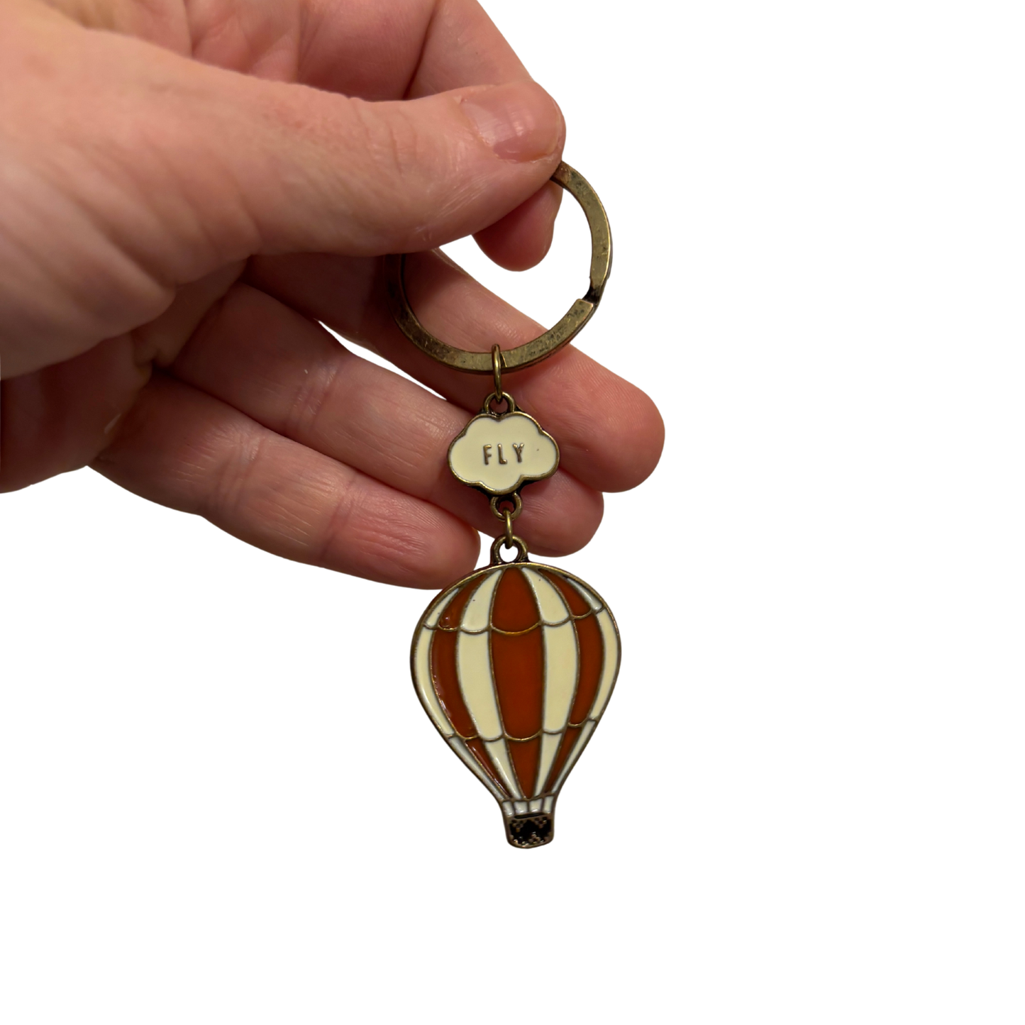 Retro Hot Air Balloon Keychain | Red & Ivory Enamel, Aged Brass | "FLY" Charm | 4"