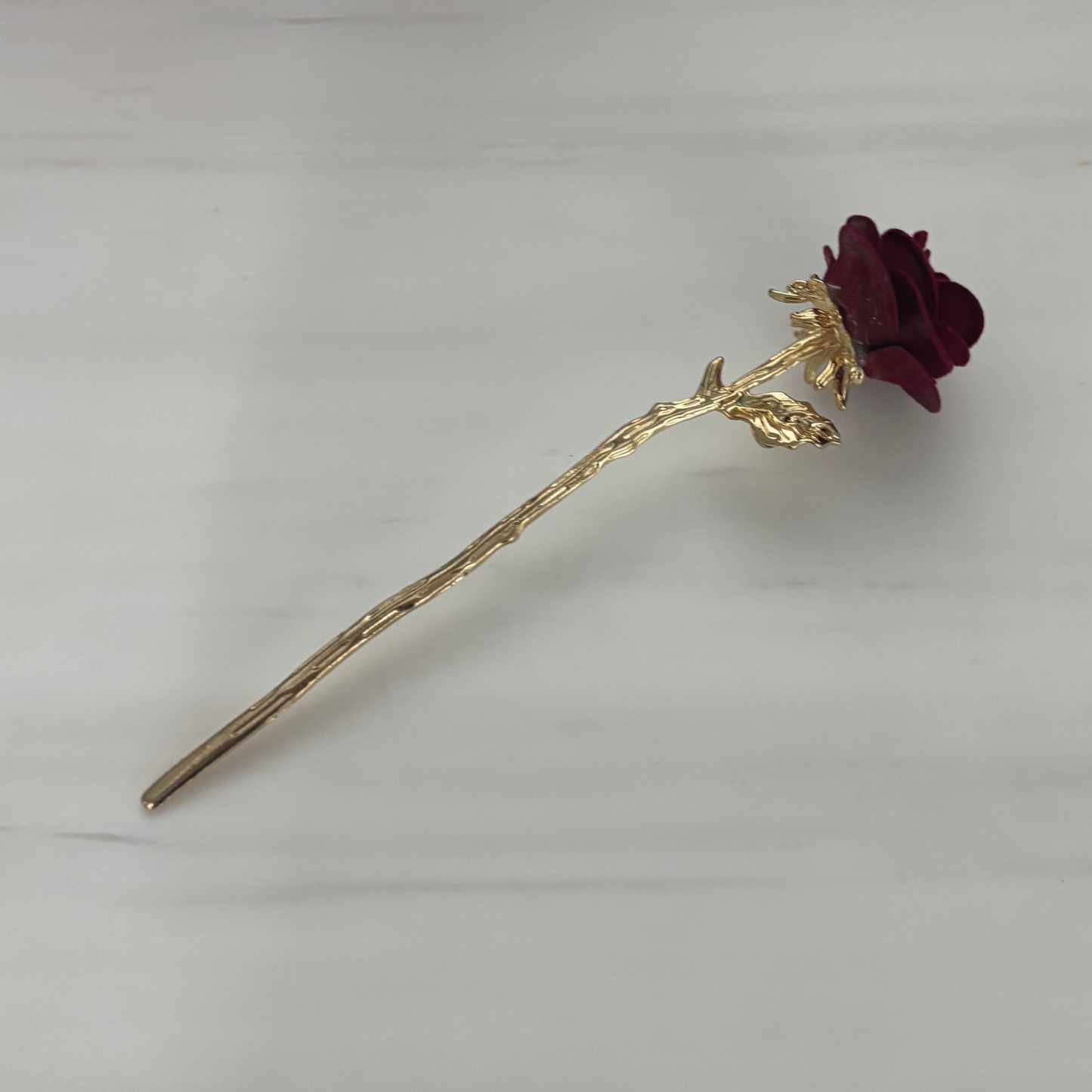 Gold Stemmed Rose Hair Stick | Flocked Dark Red Rose | Hair Bun Pin or Decor
