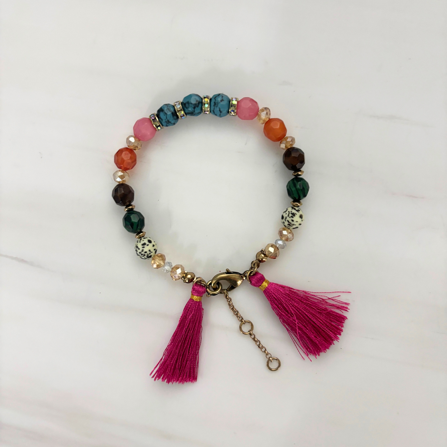 Hot Pink Tassel Beaded Bracelet | Rainbow Summer Beads with Speckle Beads | 6.5" + Extender