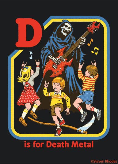 Magnet illustration of a grim reaper playing guitar with children, featuring the text 'D is for Death Metal'.