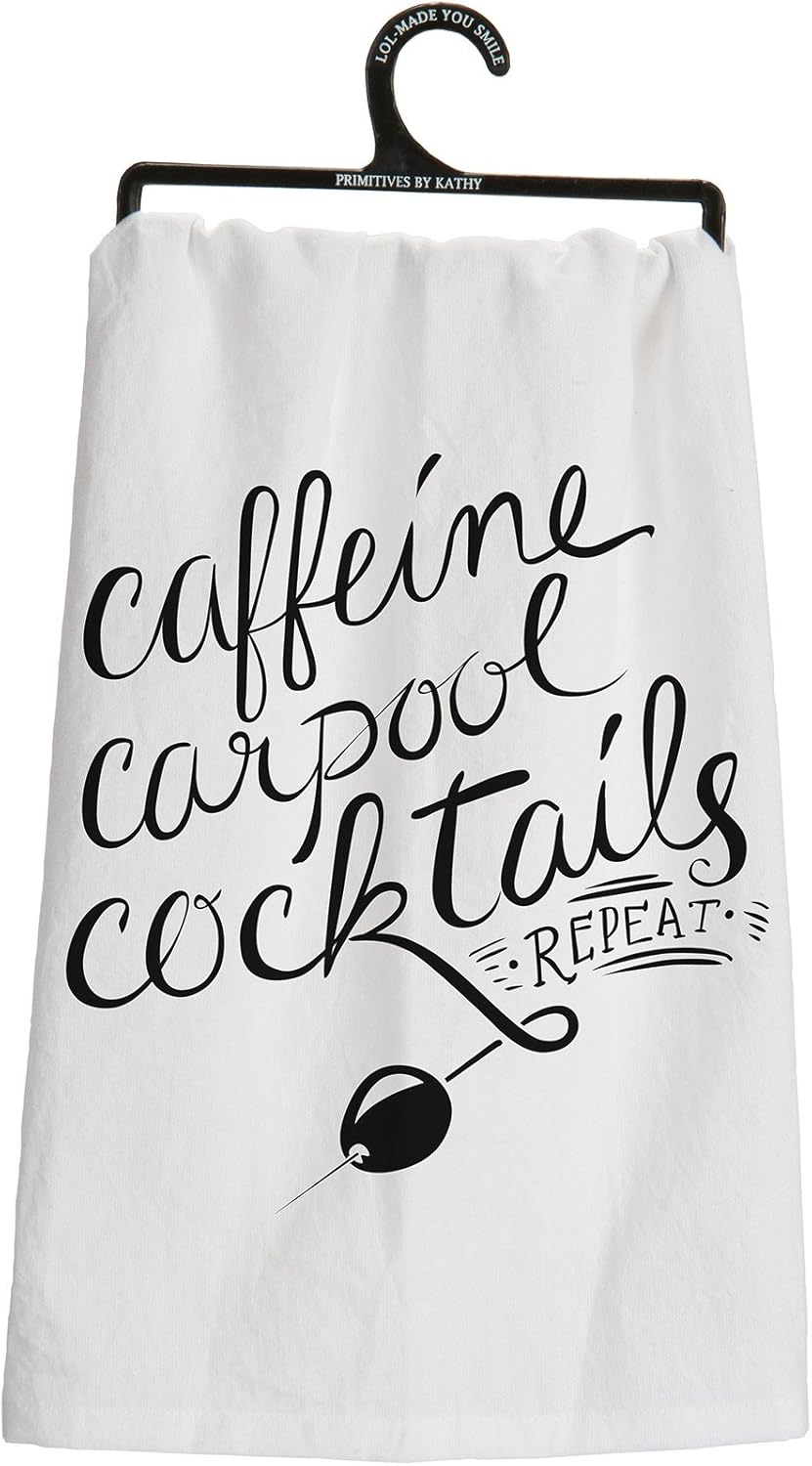 White towel with black text and olive graphic on a hanger