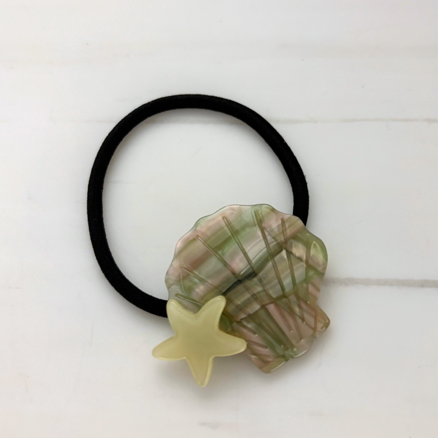 Shell & Star Mermaid Hair Tie | Opalescent Acetate Seashell on Black Elastic