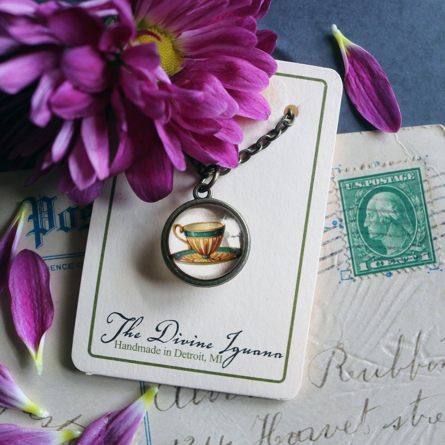 Blue Tea Steampunk Victorian Simple Pendant Necklace