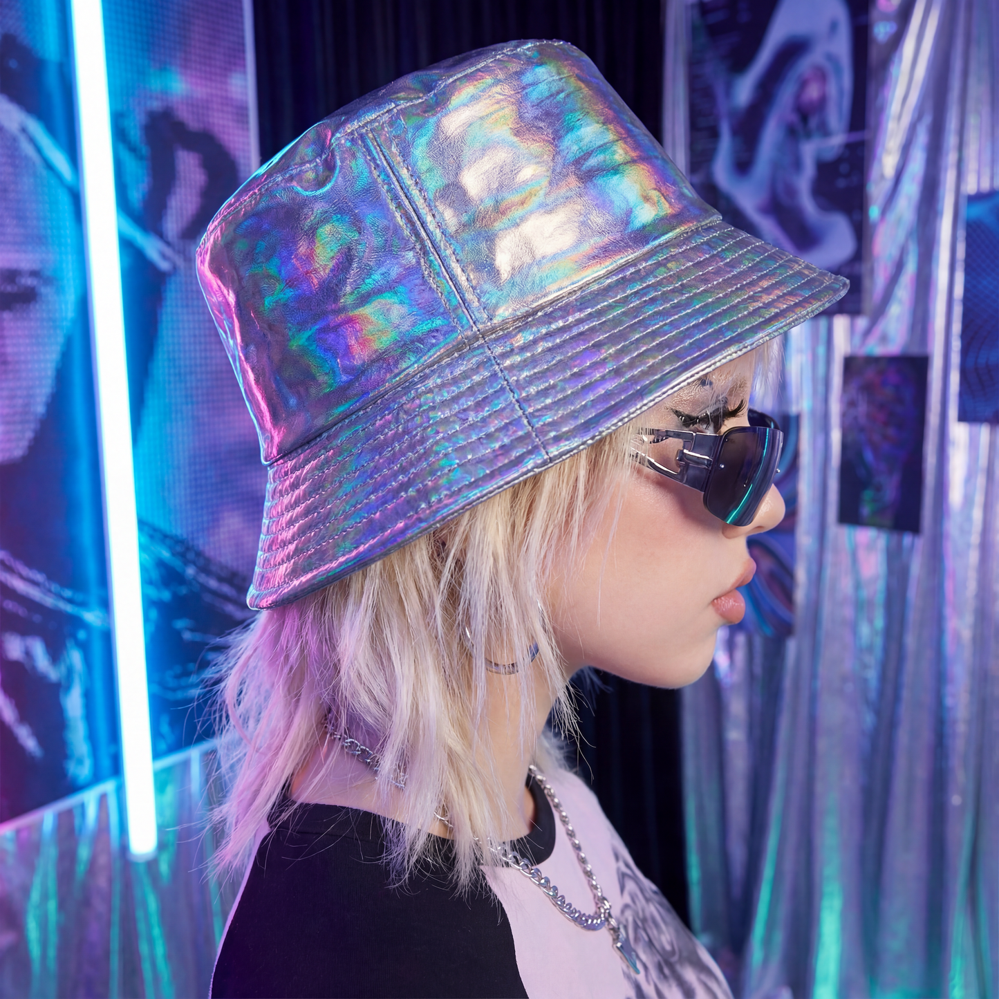90s Style Holographic Rainbow Bucket Hat