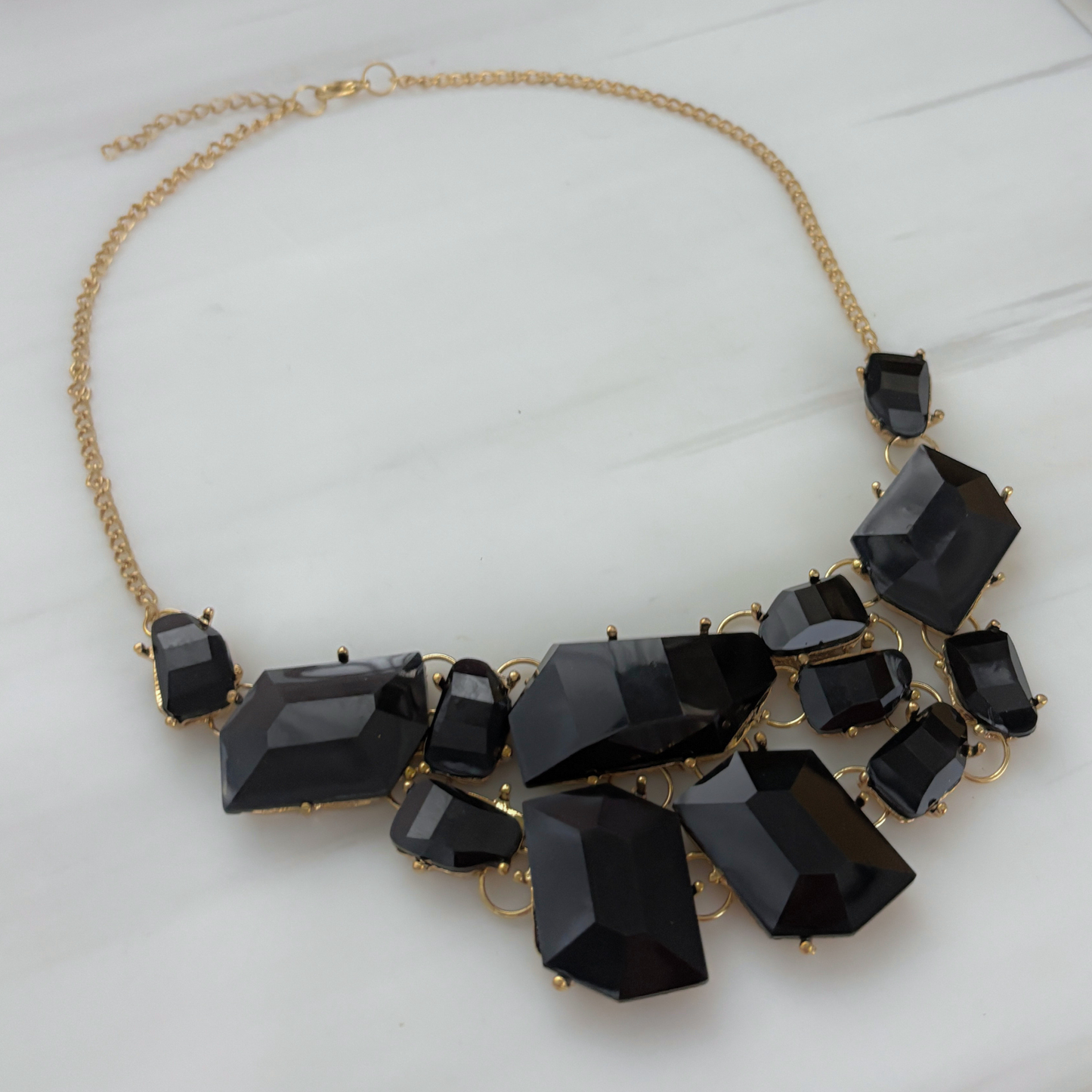 Evil Queen Jagged Gems Statement Necklace | Black Faceted Gems, Gold Setting | Bib Style
