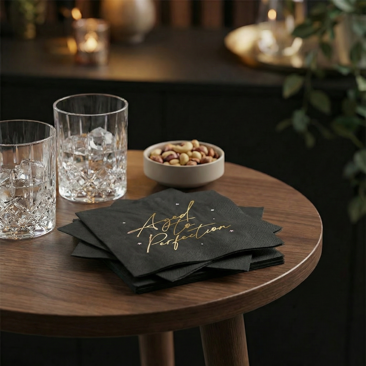 Aged to Perfection Foil Beverage Napkins | Paper Cocktail Napkins | 5”