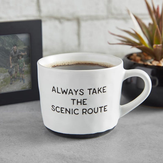 Always Take The Scenic Route Cozy Mug in White with Black Base | Stoneware Coffee Tea Cup | 15oz