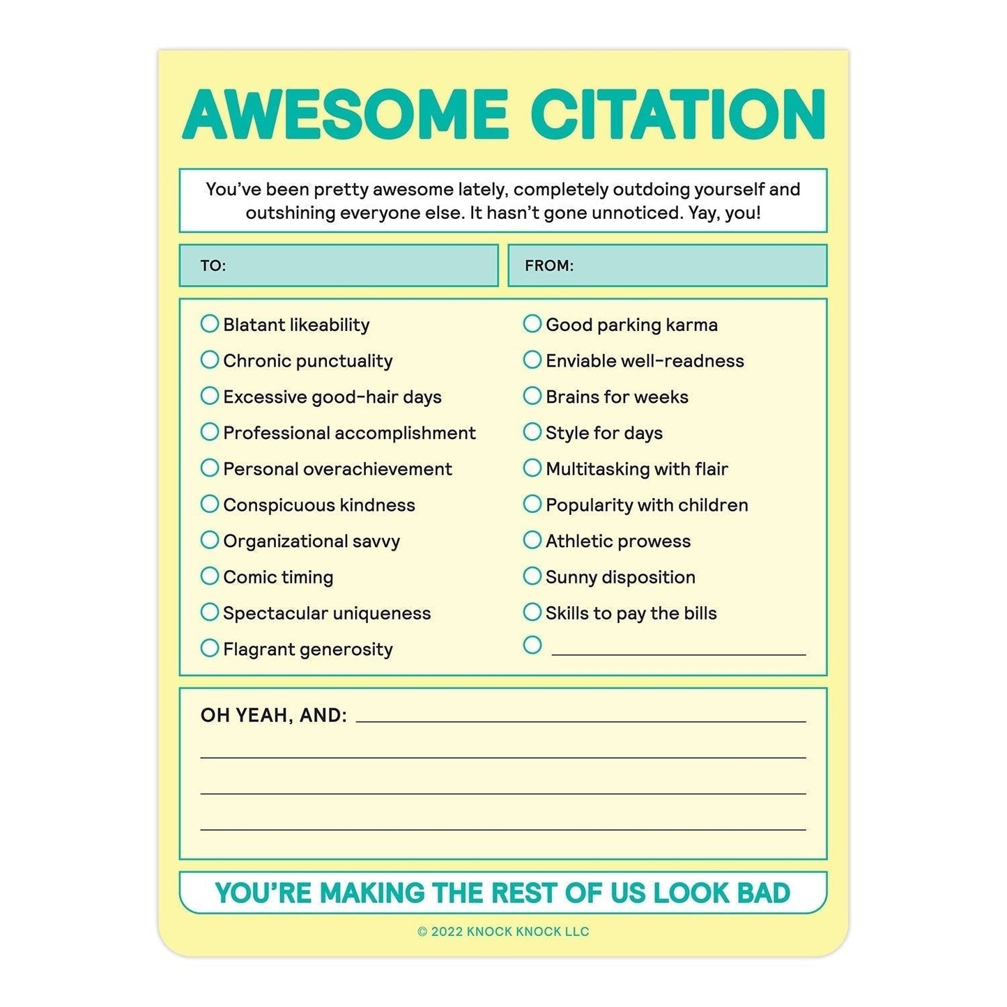 Awesome Citation Nifty Notepad in Pastel Yellow | Reward Others for "Blatant Likability," "Chronic Punctuality," Etc.