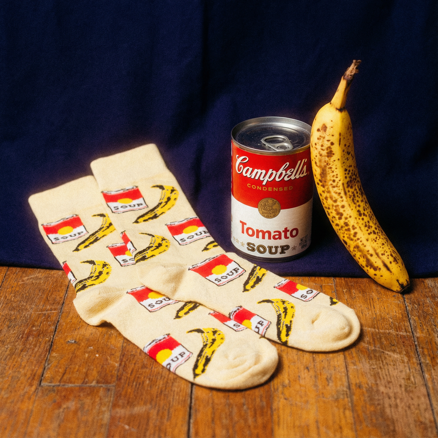 Banana Soup Can Pop Art Unisex Crew Socks | Large or Men's Museum Gift Shop Socks for Art Lovers
