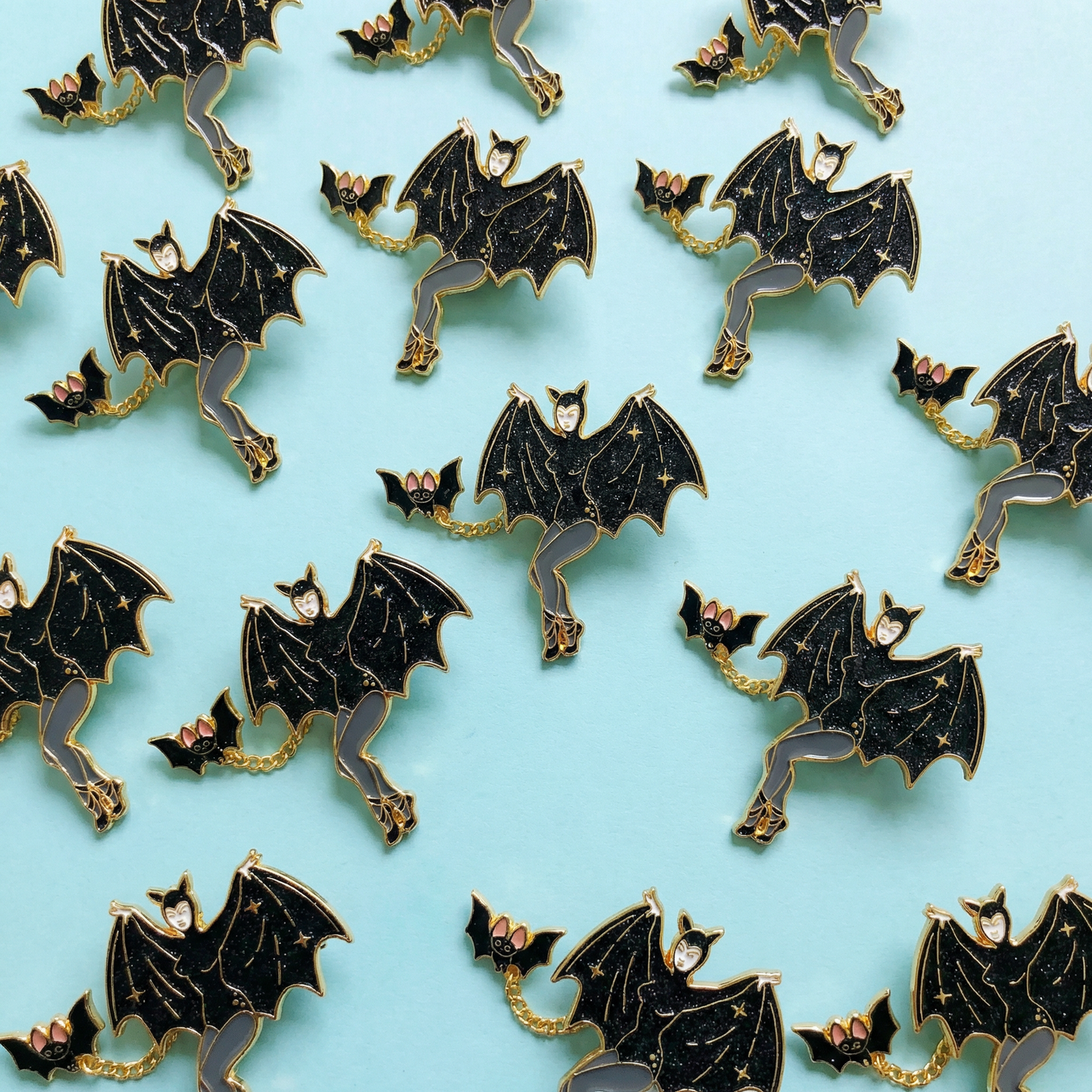 Bat Lady & Her Wingman Enamel Pin | Glitter Gothic Chain Pin Halloween