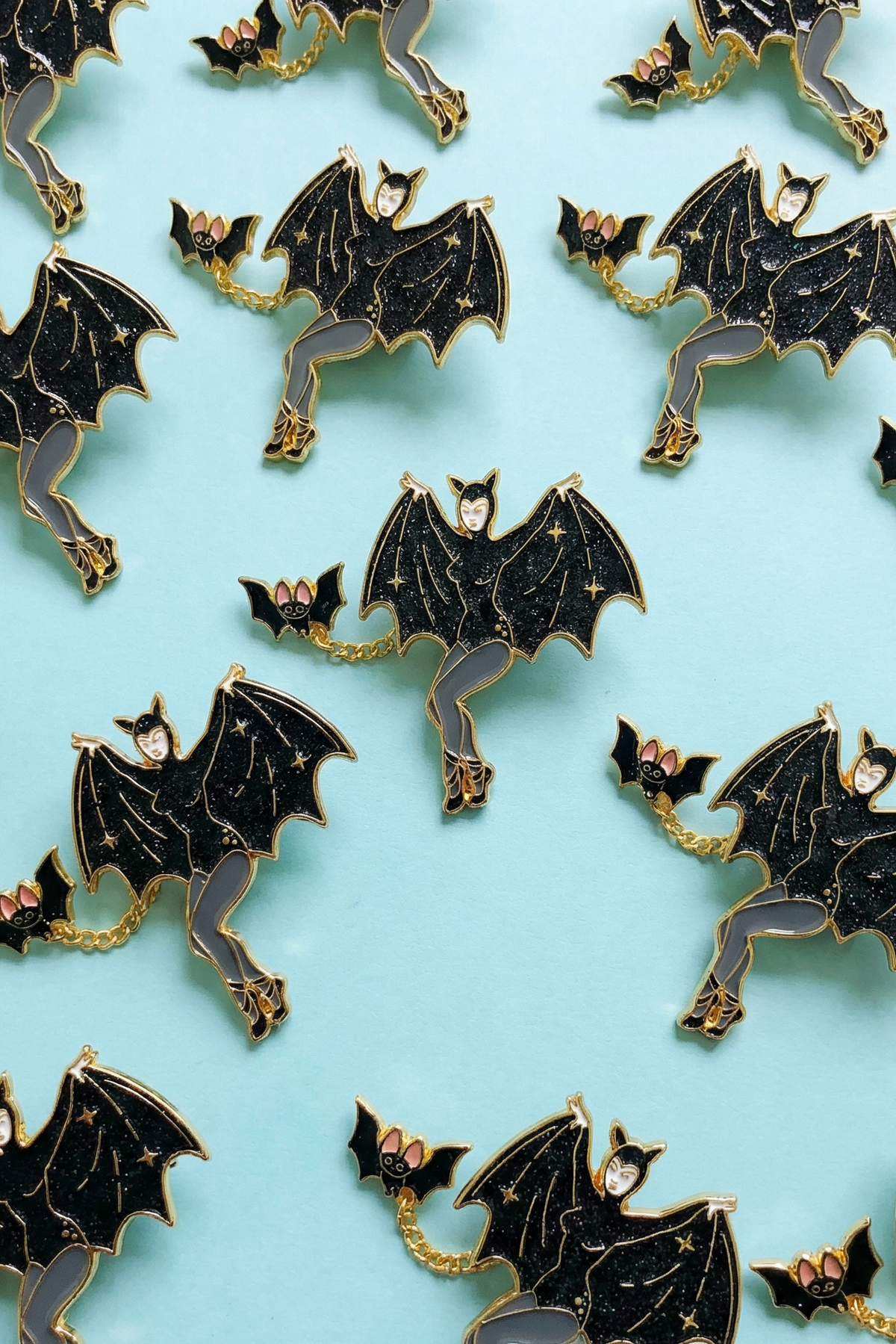 Bat Lady & Her Wingman Enamel Pin | Glitter Gothic Chain Pin Halloween