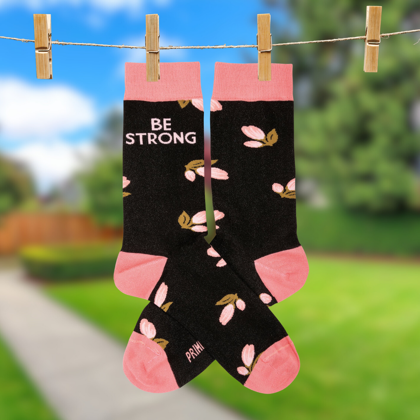 Be Strong Floral Socks in Black Background | Motivational One Size Fits Most Novelty Socks