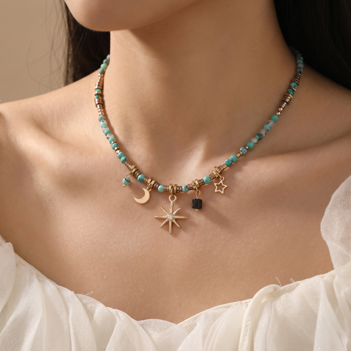 Beaded Celestial Necklace | Sun, Star & Moon Charms in Aqua, Gold & Bronze
