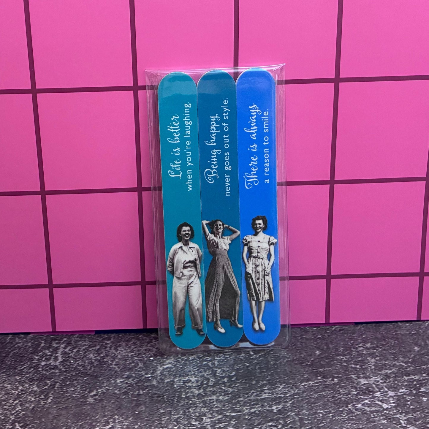 Being Happy Emery Boards Set of 3 Vintage-Inspired Nail Files SME21 | Positive Manicure Gift in Vinyl Case