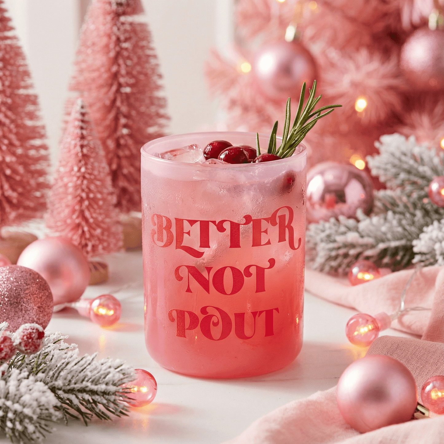 Better Not Pout Glass in Tinted Pink | Classic Old Fashion Holiday Drinkware | 12 oz