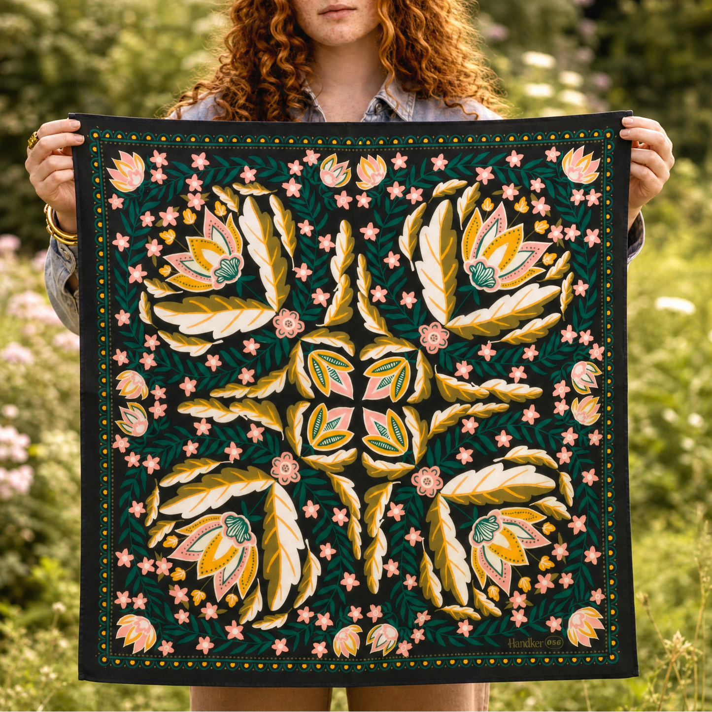 Betty Bandana in Black with Gold, Pink, & Green Flowers | Handmade in India | Cotton Scarf | 22'' x 22''