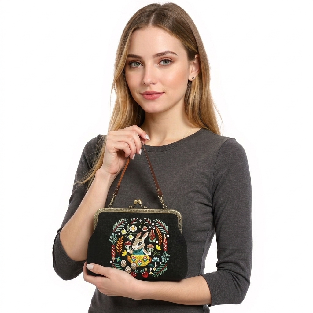 Black Bunny Kisslock Bag in Cotton-Linen Blend