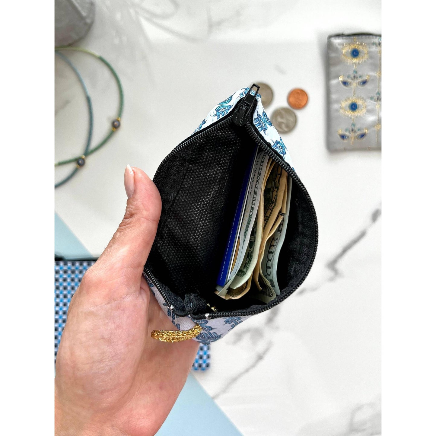 Black & Gold Fabric Zipper Pouch Unique Boho Coin Purse | Handmade in Turkey | 4" x 5"