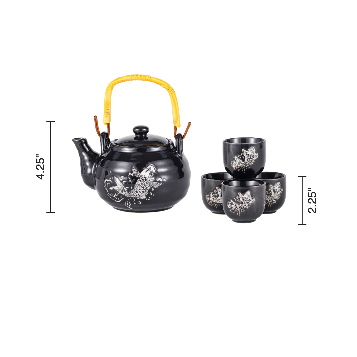 Size chart: teapot 4.25 inches tall, cups 2.25 inches tall