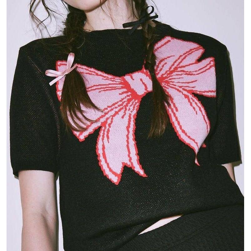 Black Short Sleeve Bow Sweater | Knit Top with Bow Detail | Women's Novelty Knit Sweater