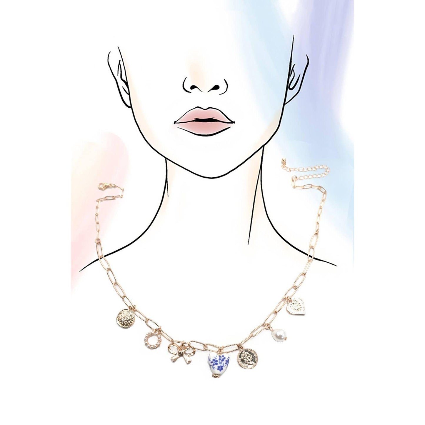 Blue Ceramic Porcelain Coquette Bow Heart Charm Link Necklace in Gold Plated | 17" Long | Paper Clip Style Chain