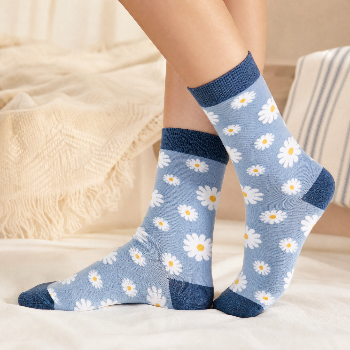 Blue Daisy Cotton Crew Socks | One Size Fits Most