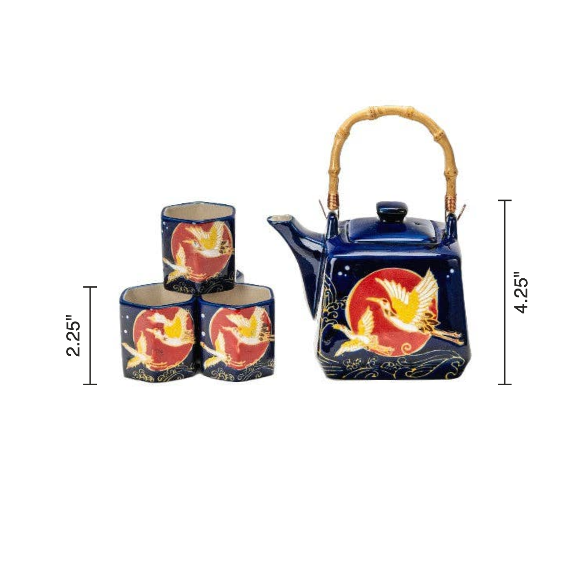 Size chart: teapot 4.25 inches tall, cups 2.25 inches tall