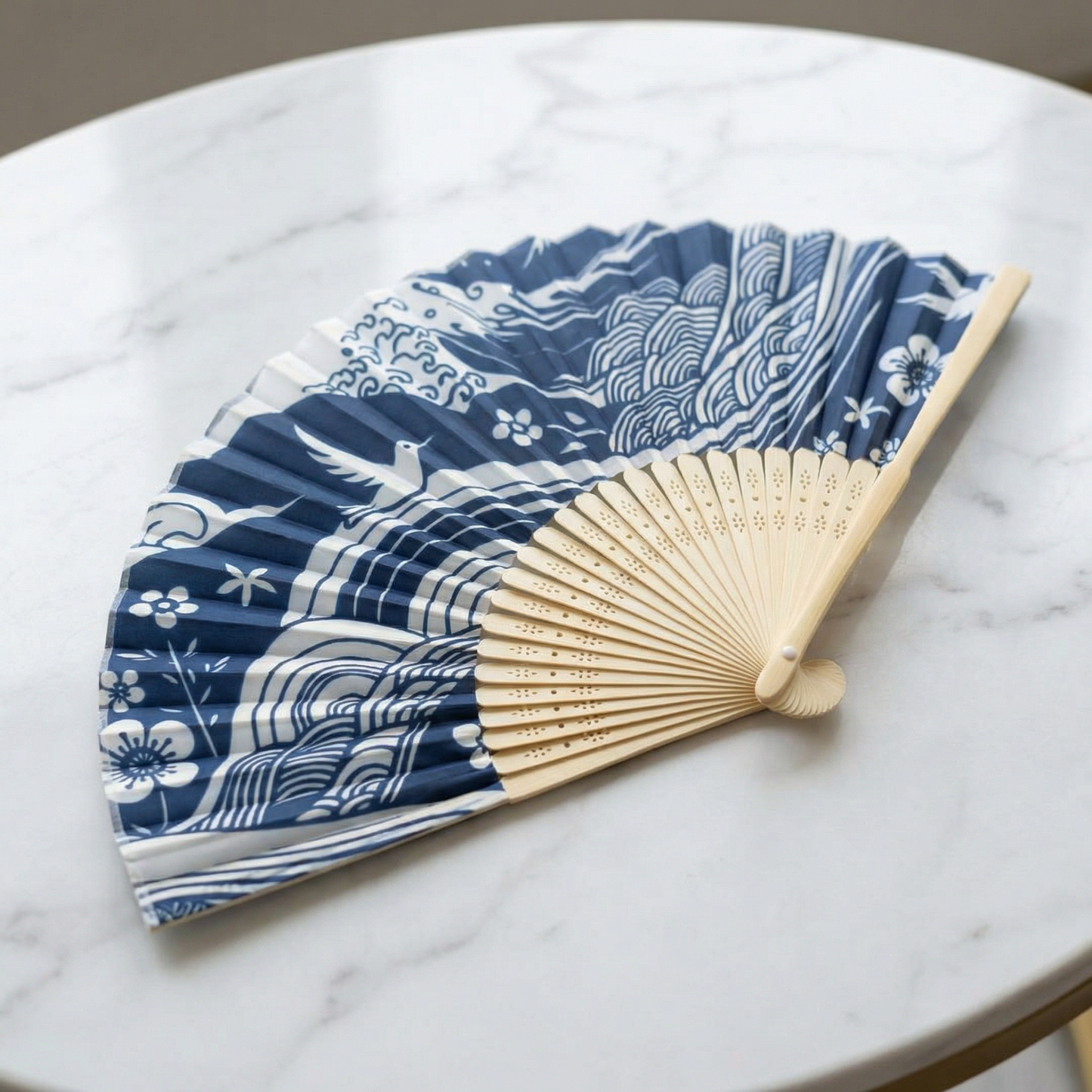 Blue Mountain Waves Paper Folding Fan | 10" Hand Fan | Paper & Wood
