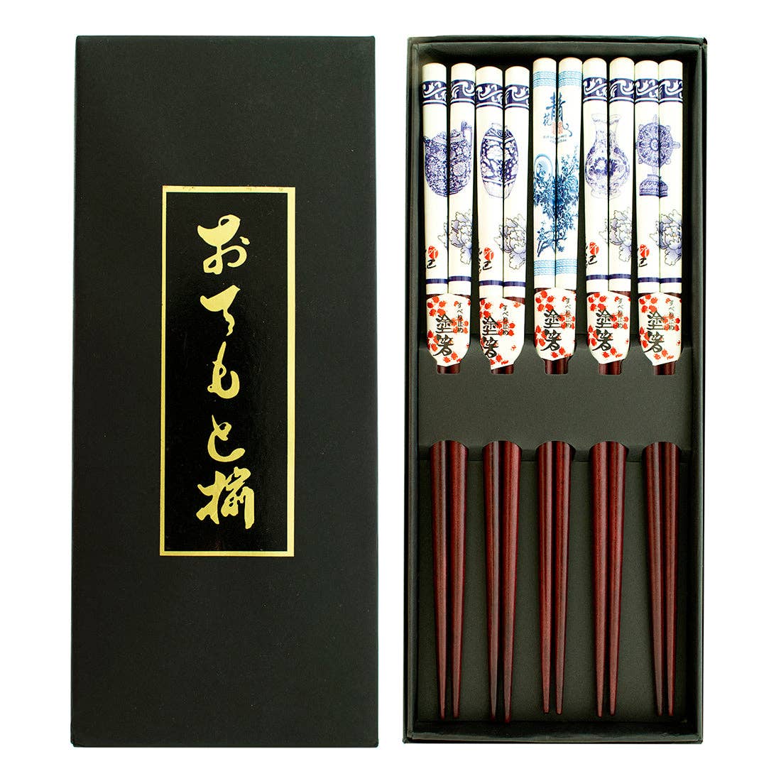 Blue & White Wood Chopsticks Set | Set of 5 Japanese Style Food Sticks | 9”