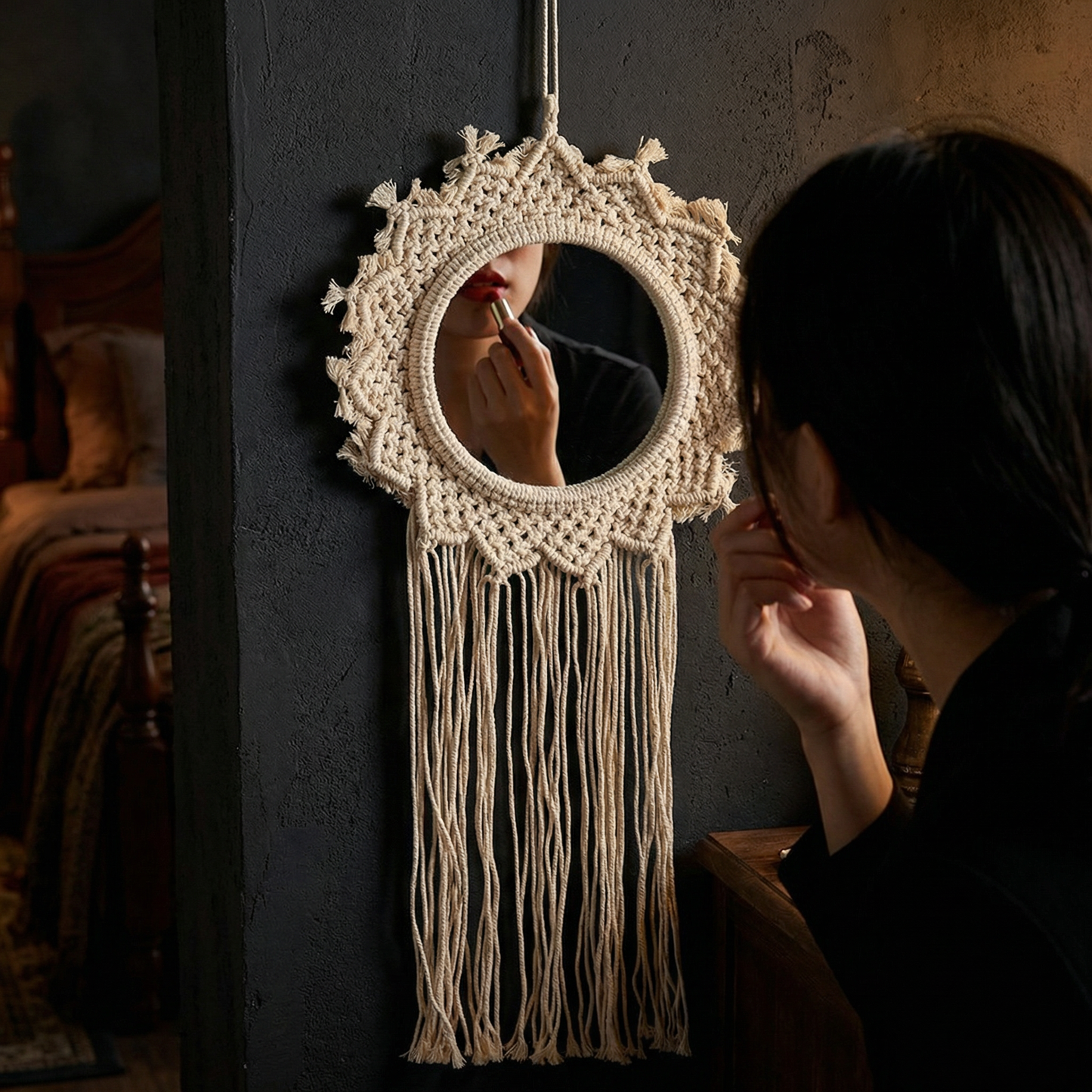 Bohemian Style Hanging Mirror | Wall Hanging Macrame Decor | 12.2" x 25.2"
