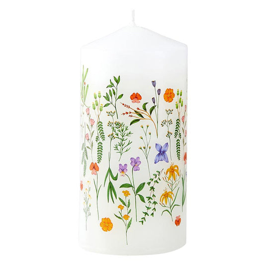 Boho Flowers Mini Pillar Candle | Aesthetic Unscented Table Decor Floral Cylindrical Candle 4.75"
