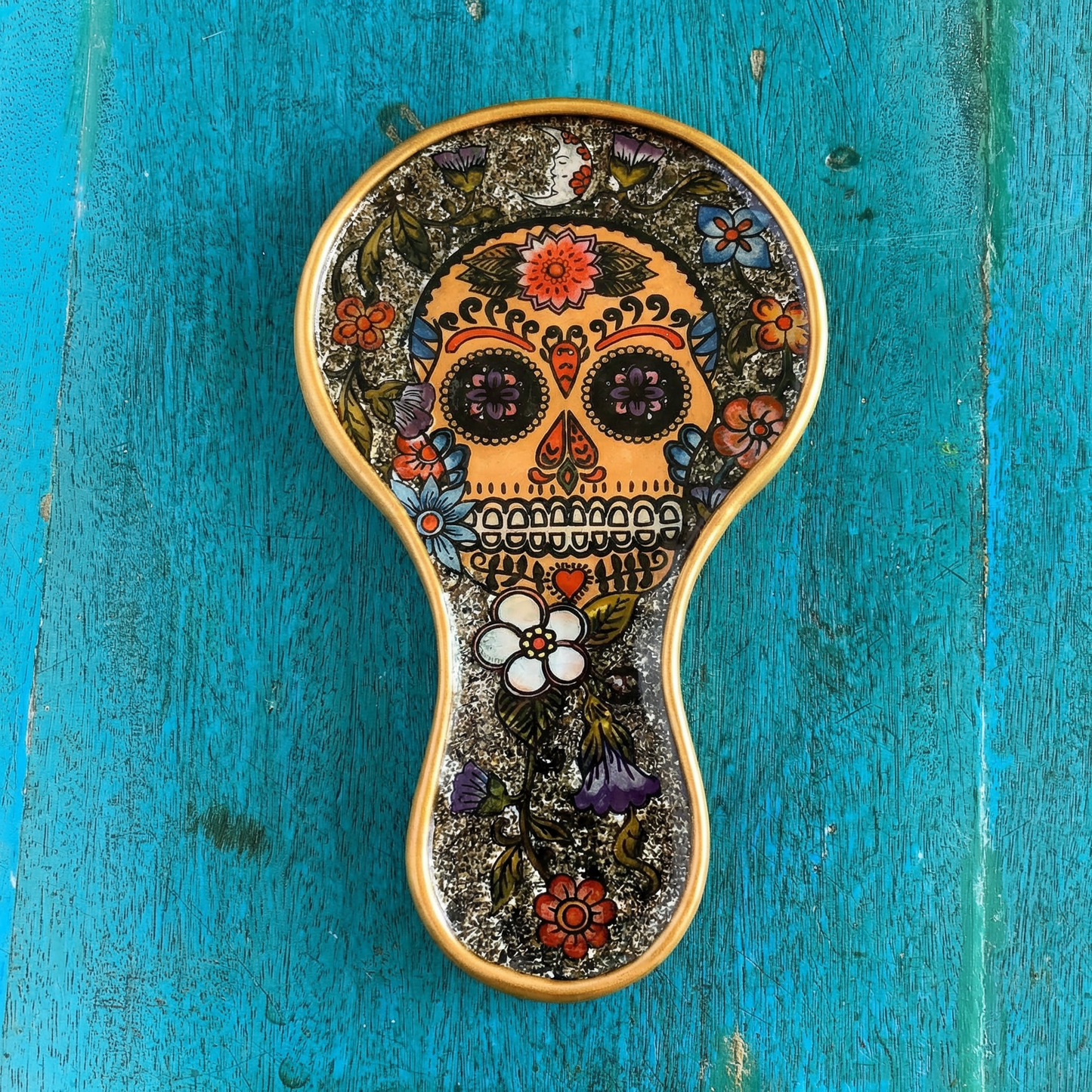 Bone Flower Skull Hand Mirror | Day of the Dead Reverse Glass Mirror, Made in Peru