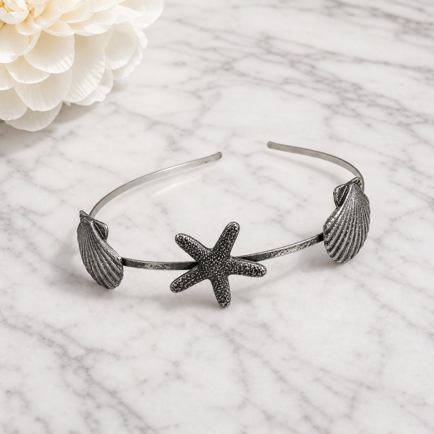 Burnished Silver Mermaid Headband Tiara | Shell & Sea Star Charm Crown