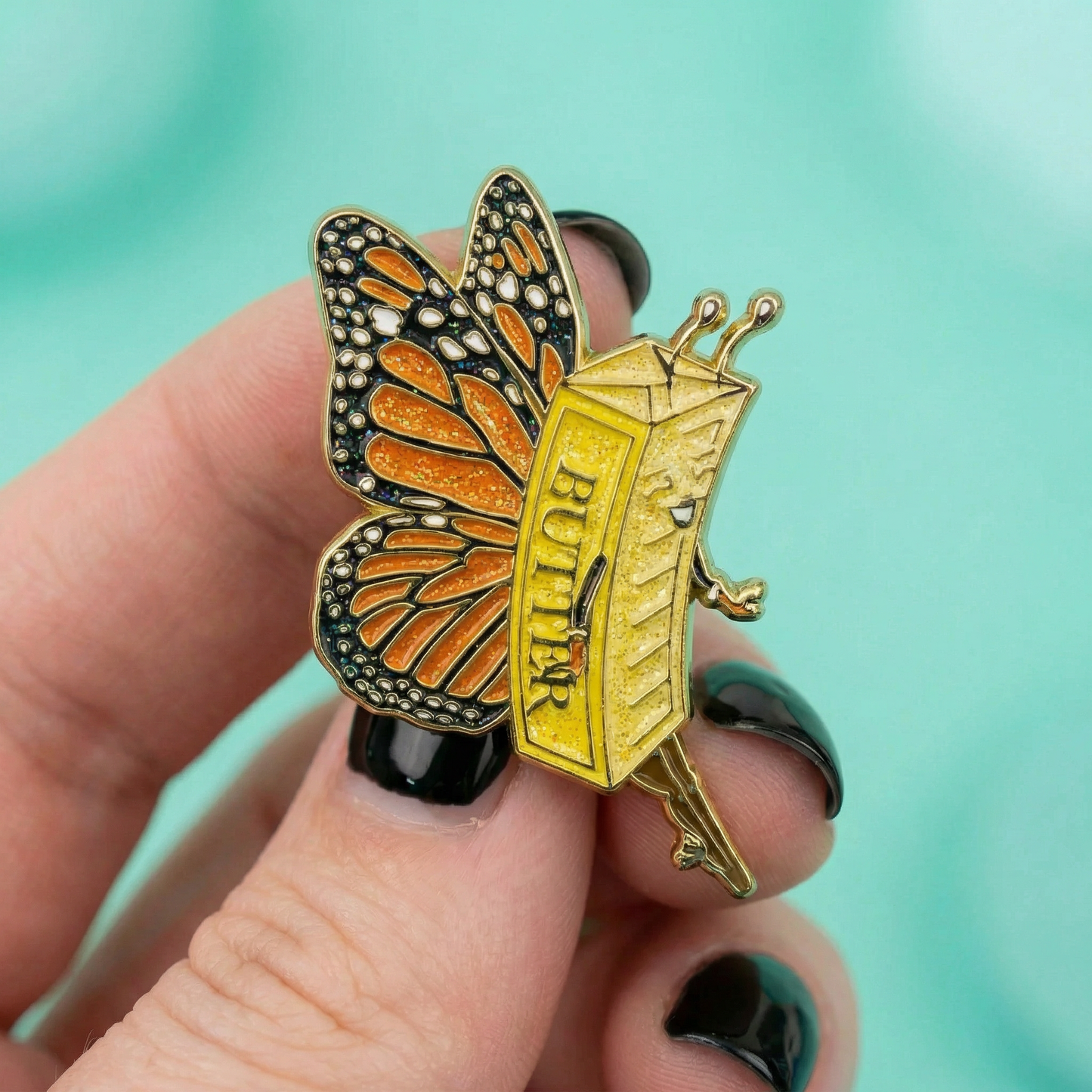 Butter Fly Soft Enamel Pin | Glitter Butter Stick Butterfly Pun Gold Pin