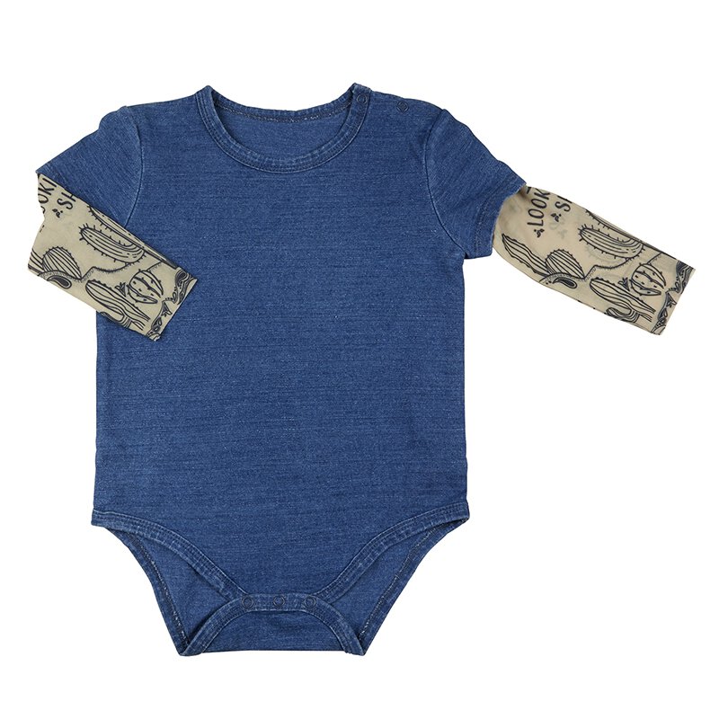 Cactus Tattoo Snapshirt Baby Bodysuit in Blue | Unisex Infant Size 6-12 Months | Cowboy Western Funny Full Sleeve Tattoo Infant Shirt