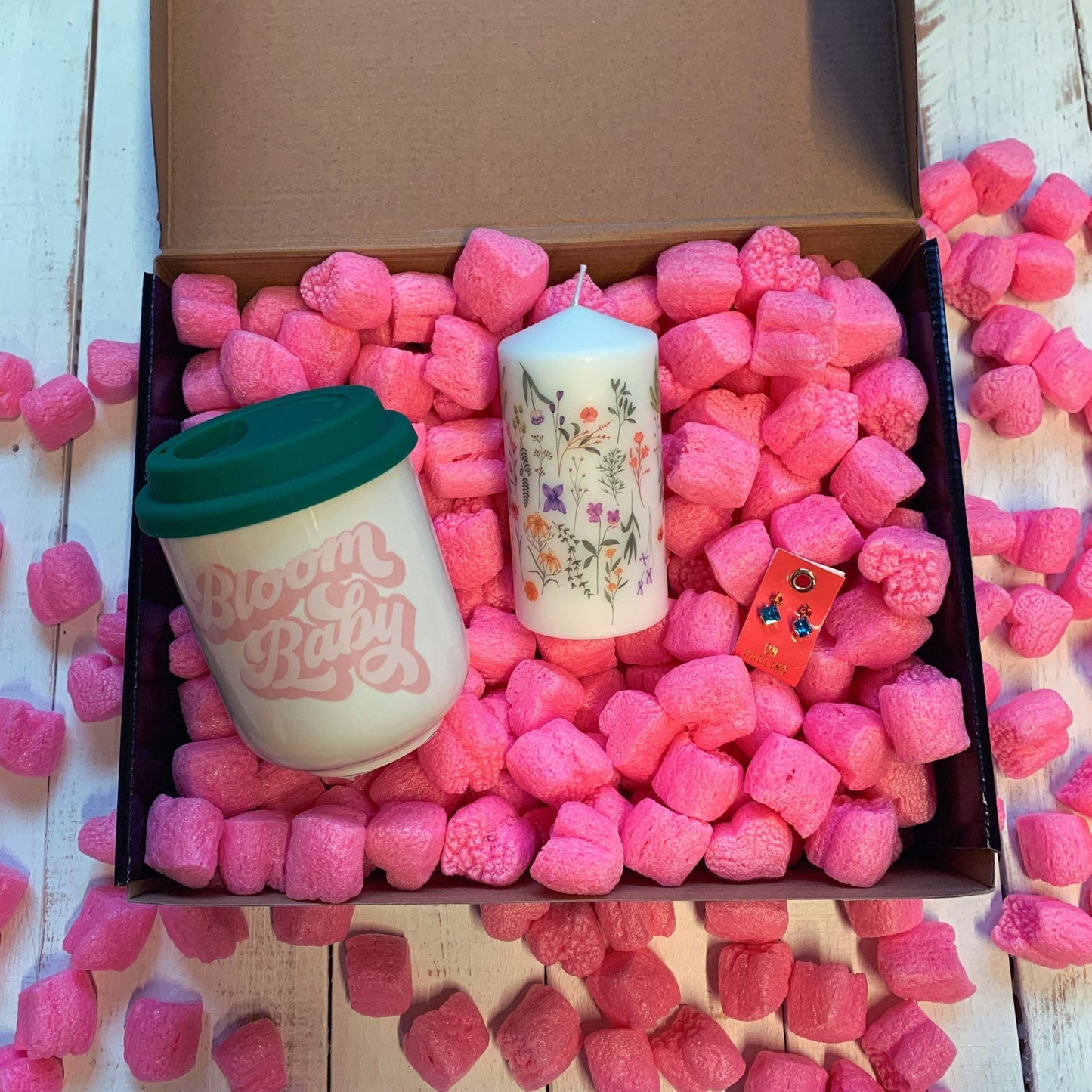 Candle + Sips Gift Box with Compostable Pink Heart Packing Peanuts