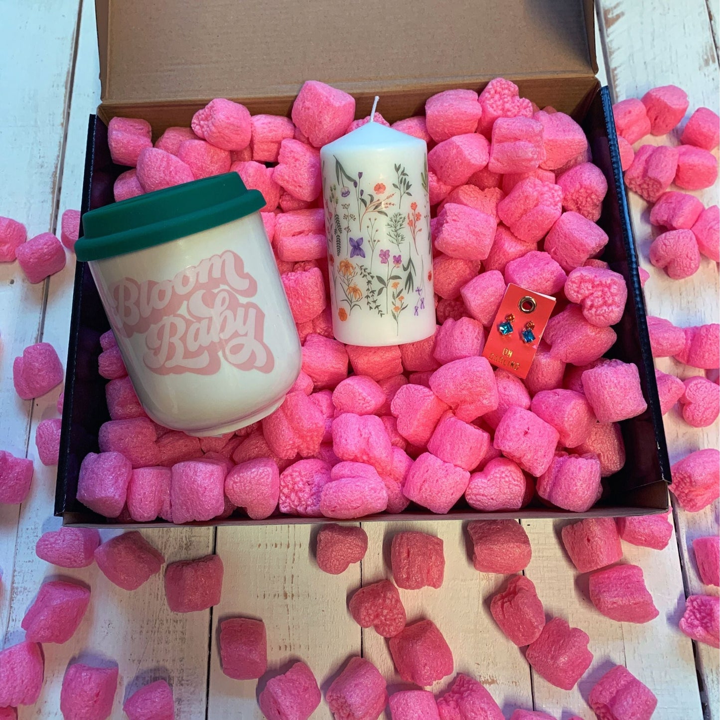 Candle + Sips Gift Box with Compostable Pink Heart Packing Peanuts