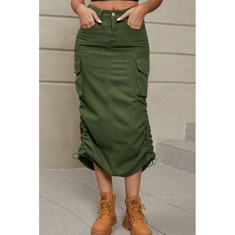 Cargo Midi Skirt | Drawstring Side Utility Skirt | Streetwear Cargo Skirt with Pockets | Green or Grey